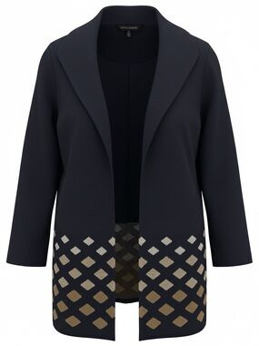 Ming Wang Navy Long-Sleeve Knit Cardigan with Diamond Hem Pattern-Size Small